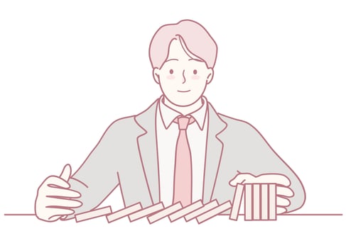Businessman Using Dominoes for Strategic Planning Highlighting Planning and Strategy Execution vector