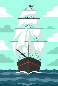A majestic sailing ship with billowing white sails navigates the open sea under a tranquil sky. The ship appears to be a clipper or similar design, suggesting a journey of exploration and adventure. vector