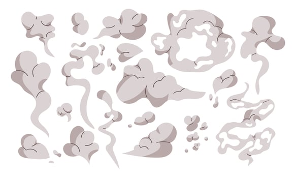 Set of Smoke cloud comic set. Comic smoke flows, dust, smog and smoke steaming cloud silhouettes hand drawn illustration isolate on white . vector