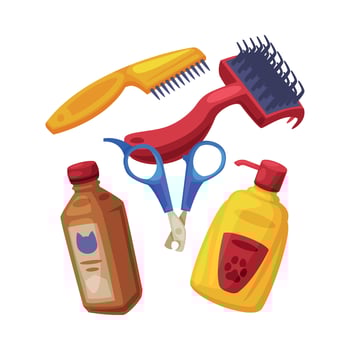 Pet Animal Care Objects Set, Brush, Pet Nail Clipper, Shampoo for Cats and Dogs Cartoon Style Illustration on White Background vector