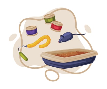 Cat Accessories Set, Pet Animal Stuff, Litter Box, Canned Food and Toys Cartoon Style Illustration vector
