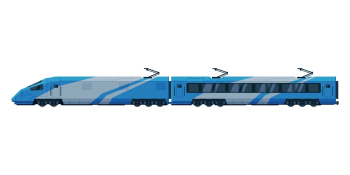 Passenger Train, Modern Railway Locomotive, Railroad Transportation Flat Illustration on White Background vector