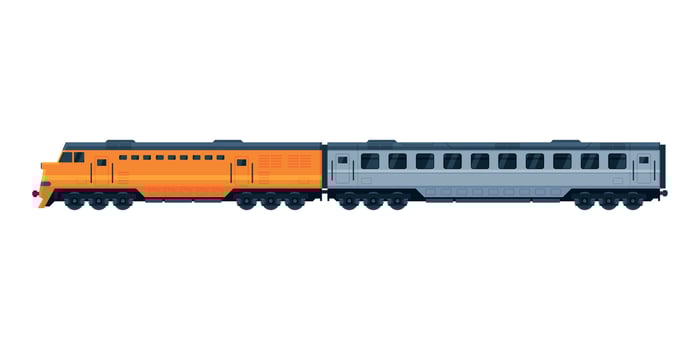 Railway Locomotive and Passenger Wagon Train, Railroad Transportation Flat Illustration on White Background vector