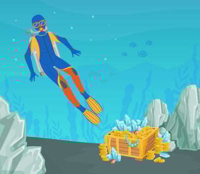 Scuba Diver Found Open Treasure Chest of Gold at the Bottom of the Sea, Lost Pirate Treasures Cartoon Illustration vector