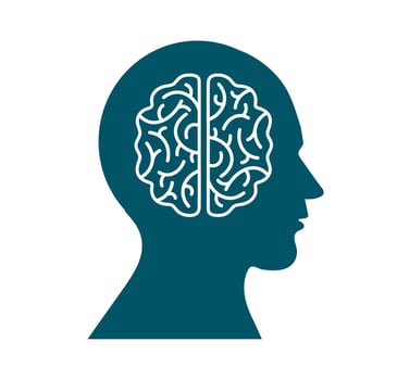 Human brain profile silhouette. A solid teal silhouette of a human head with a detailed brain outline, representing mental health and cognitive function. vector
