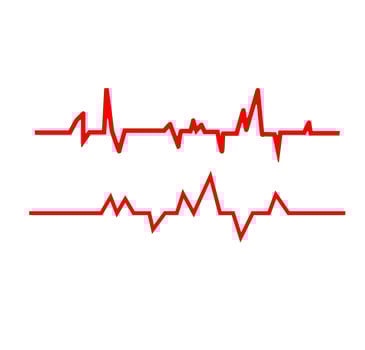 ECG heartbeat line graphic. A red line graphic simulating an electrocardiogram ECG heartbeat, representing cardiology, pulse, and vital signs. vector