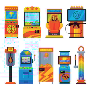 Retro Arcade Game Machines Collection, Amusement Gaming Machinery Illustration vector