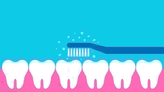 Oral hygiene dental care. A blue toothbrush cleaning white teeth, set against a light blue background, symbolizing dental health and freshness. vector