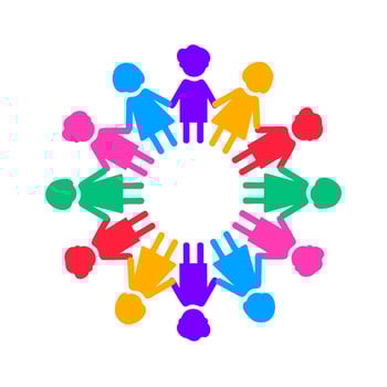 Community unity circle design. A vibrant, circular graphic with abstract multi-colored figures, symbolizing teamwork, diversity, and social connection. vector