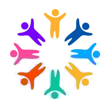 Handprint mosaic abstract design. A large hand shape composed of numerous smaller, multi-colored handprints, creating a textured and symbolic graphic. vector