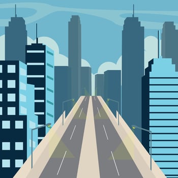 modern city highway landscaped illustration graphic design . skyscrapers street view on front with blue sky concept for business or real estate agency vector