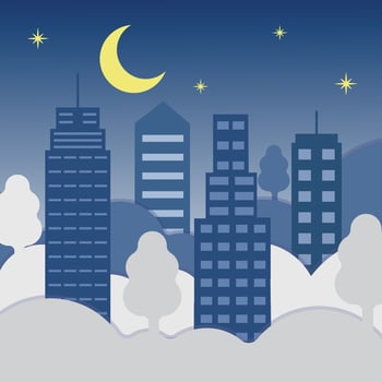 modern cityscape at cloud sky idea illustration graphic design. building or architecture at night view with lunar moon and star for business or environment concept vector