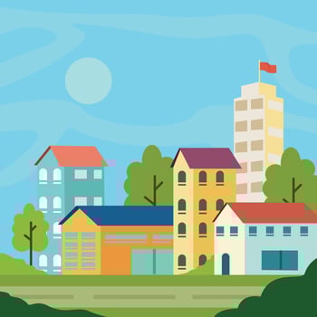 cityscape landscaped illustration graphic design. minimalist village house at nature with tree and bush idea concept for business real estate agent vector