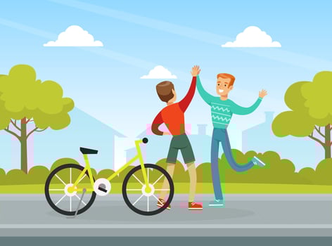 Two Happy Men Giving High Five, Male Friends Meeting in the Park, Best Friends Forever Concept Cartoon Illustration vector