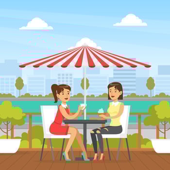 Two Young Women Sitting in Cafe Outdoors, Two Female Friends Drinking Coffee and Chatting, Best Friends Forever Concept Cartoon Illustration vector
