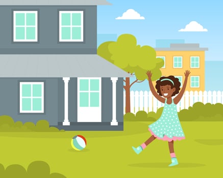 Cute Girl Playing Ball at House Backyard, Kid Summer Outdoor Activity Cartoon Illustration vector