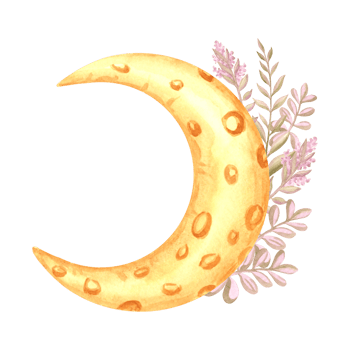 Golden crescent moon with purple flower twigs watercolor isolated illustration for kids design. Cute clipart hand drawn half luna from fairy tale dreams. Decor element for childrens room or baby print png