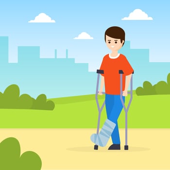 Man on Crutches with Broken Leg Walking in Park Outdoors Cartoon Illustration vector