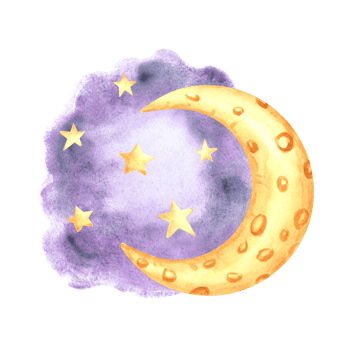 Yellow crescent moon with stars in night purple sky watercolor isolated illustration for kids design. Cute hand drawn midnight luna of fairy dreams. Decoration element for nursery or baby products. png