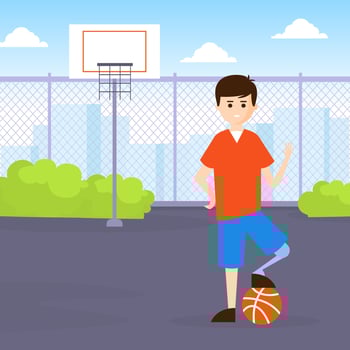 Young Man with Prosthesic Leg Playing Basketball, Handicapped Person Doing Sports Outdoors Cartoon Illustration vector