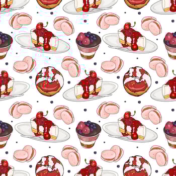 Seamless pattern with pancakes topped with syrup and berries, berry parfaits, and pink macarons on a white background vector