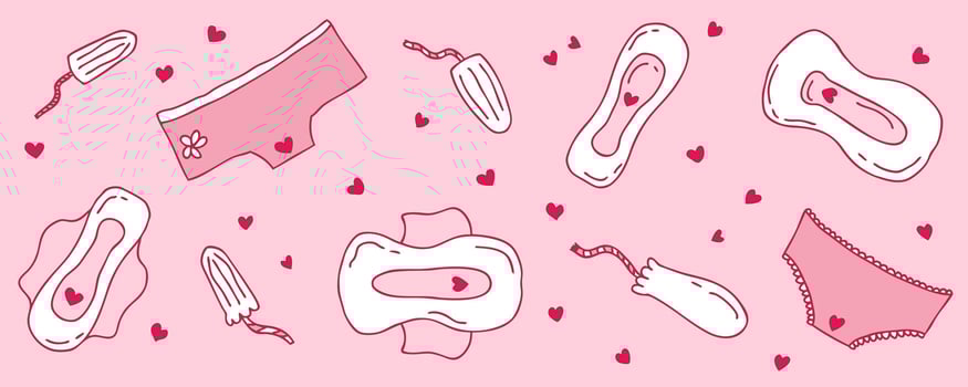 Female menstruation period doodle horizontal banner. Intimate hygiene protection concept. Hand drawn illustration. vector