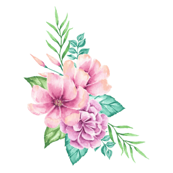 Watercolor Painting of Delicate Pink and Purple Flowers with Green Leaves Botanical Illustration png