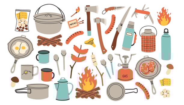 Camping food set. Summer travel and picnic stuff. Tourism and adventure accessories. Campfire, marshmallow, sausage, pan, thermos and mug. Flat graphic illustration isolated on white background vector