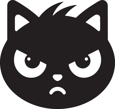 A simple black and white illustration of an angry cat with a scowling expression vector