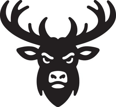 A stylized black and white illustration of A deer head large antlers facing forward vector