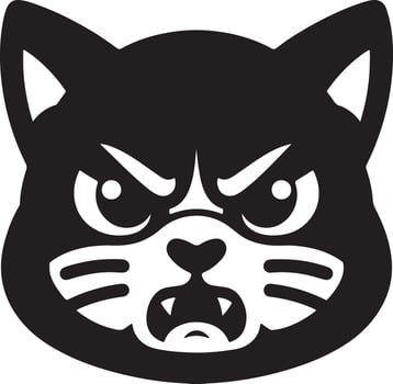 A stylized black and white illustration of an angry cat face with sharp teeth out vector