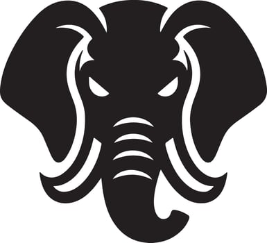 A stylized black and white illustration of an elephant head with angry eyes design vector