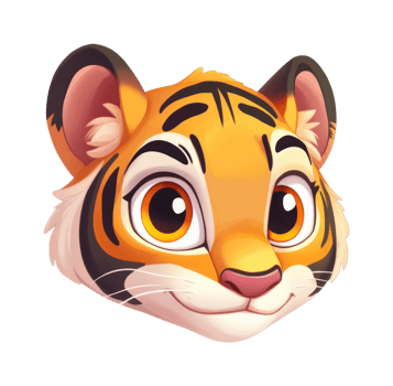 Cute cartoon tiger face with expressive eyes and whiskers png