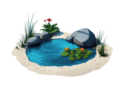 Tranquil pond with rocks and water lilies png
