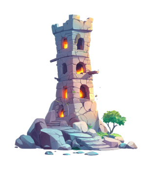 Fantasy stone tower with glowing windows and tree png