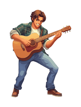 Young caucasian male playing acoustic guitar with joyful expression png