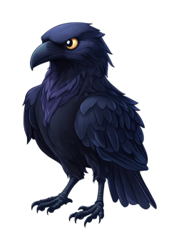 Majestic cartoon raven with intense gaze and detailed plumage png