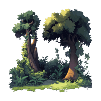 Lush forest scene with sunlit trees and dense foliage png
