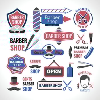 5 Barbershop badges. Vintage barber label, retro shave salon badge and gentleman haircut old sign. Barbers hipster mustache or beard logotype, barbering tattoo vector