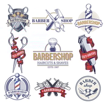 A Barbershop badges. Vintage barber label, retro shave salon badge and gentleman haircut old sign. Barbers hipster mustache or beard logotype, barbering tattoo vector