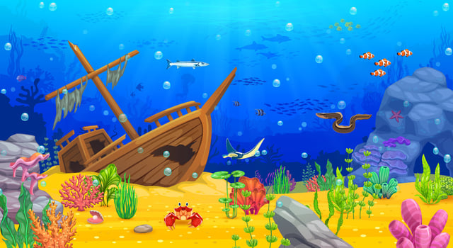 Underwater game landscape with sunken pirate ship vector