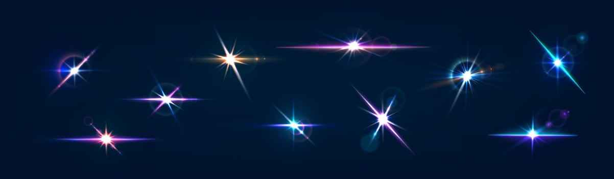 Flash flare glow effect, star light 3d set vector