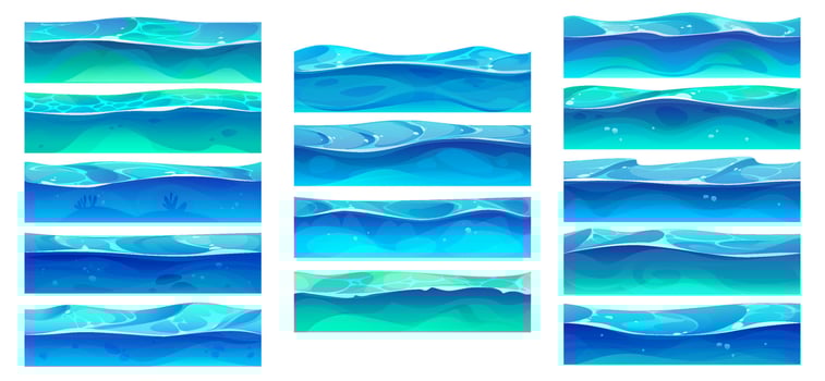 Cartoon game river, ocean, sea and lake water wave vector