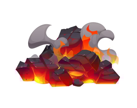Fire flames on coal, fireplace charcoal burn ember vector
