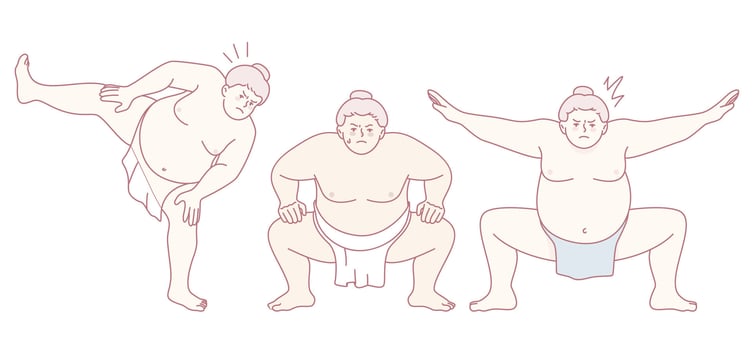 A Vibrant and Colorful Cartoon Illustration Depicting Humorous Sumo Wrestlers Engaged in Action vector