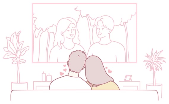 A Couple Enjoying a Cozy Movie Night Together on Their Comfortable, Relaxing Sofa vector