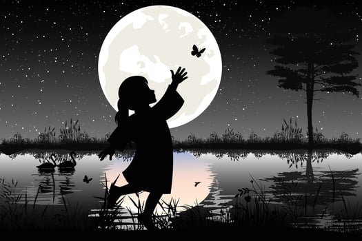 cute girl and moon silhouette illstrtion vector
