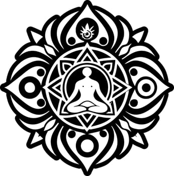 A black and white logo with a man in lotus position vector
