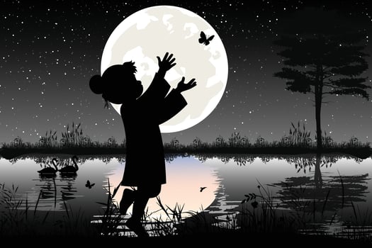 happy girl and moon silhouette vector