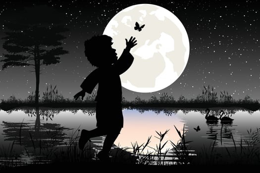 Cute boy and moon silhouette vector